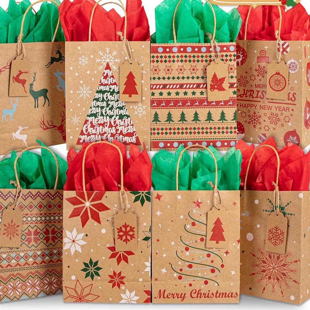 WRAPPING SET!🎁12 kraft paper holiday bags with tissue paper & gift tags